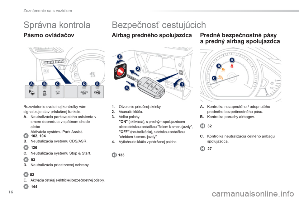 PEUGEOT 2008 2013  Návod na použitie (in Slovakian) 16
Zoznámenie sa s vozidlom
  Správna kontrola 
Rozsvietenie svetelnej kontrolky vámsignalizuje stav príslušnej funkcie. A. 
  Neutralizácia parkovacieho asistenta v
smere dopredu a v spätnom c