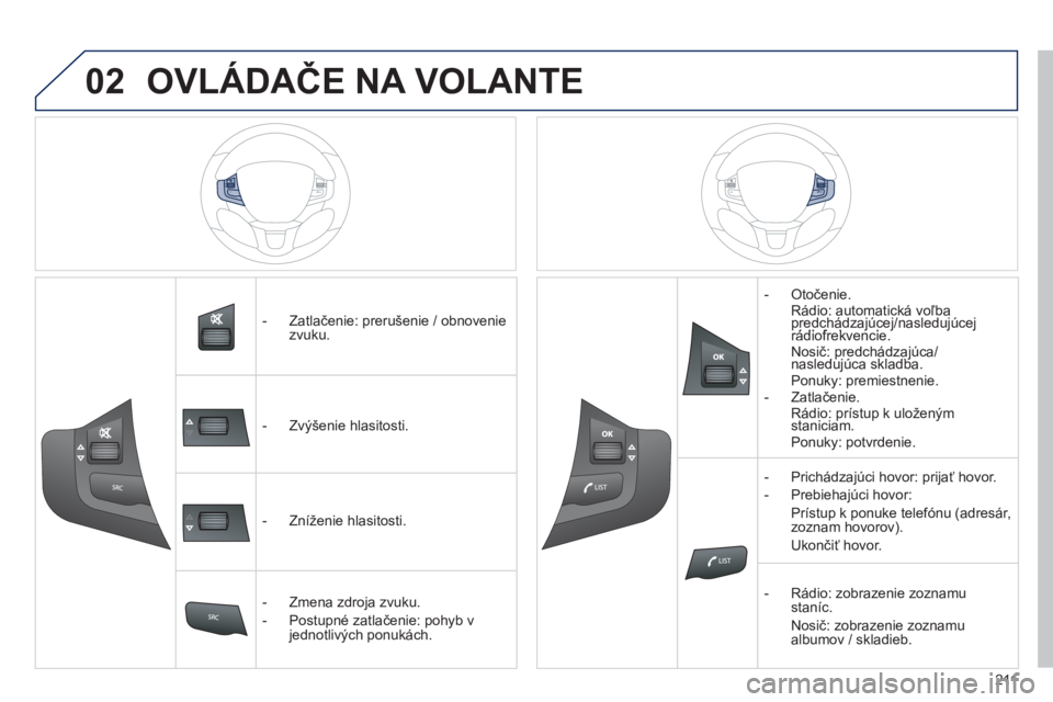PEUGEOT 2008 2013  Návod na použitie (in Slovakian) 02

211
   
 
 
 
-  Zatlačenie: prerušenie / obnovenie
zvuku.  
   
 
-  Zv
ýšenie hlasitosti.  
   
 
-  Zn
íženie hlasitosti.
   
 
-  Zmena zdro
ja zvuku.
   
-  Postupné zatlačenie: po