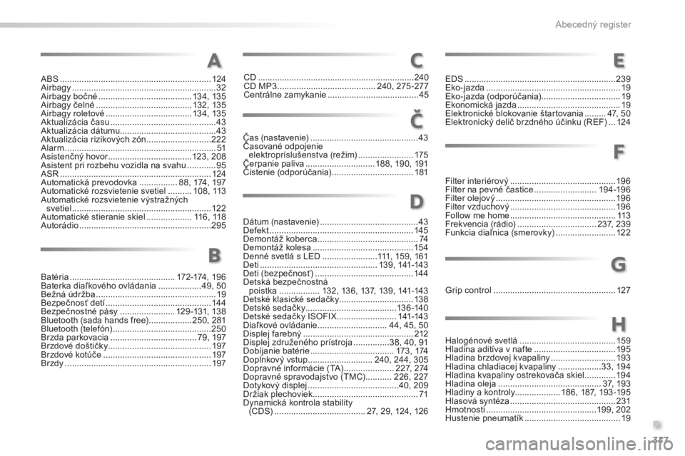 PEUGEOT 2008 2013  Návod na použitie (in Slovakian) .
317
Abecedný register
ABS ...............................................................124Airbagy............................................................32Airbagy bočné.....................