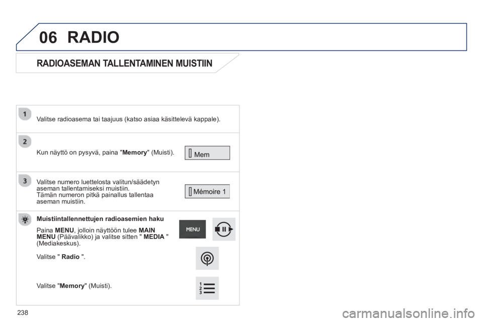 PEUGEOT 2008 2013  Omistajan Käsikirja (in Finnish) 06
   
 
 
 
 
RADIOASEMAN TALLENTAMINEN MUISTIIN 
 
Kun näyttö on pysyvä, paina "Memory" (Muisti).  
     
Valitse radioasema tai taa
juus (katso asiaa käsittelevä kappale).  
 
 
 
   
 
Valits