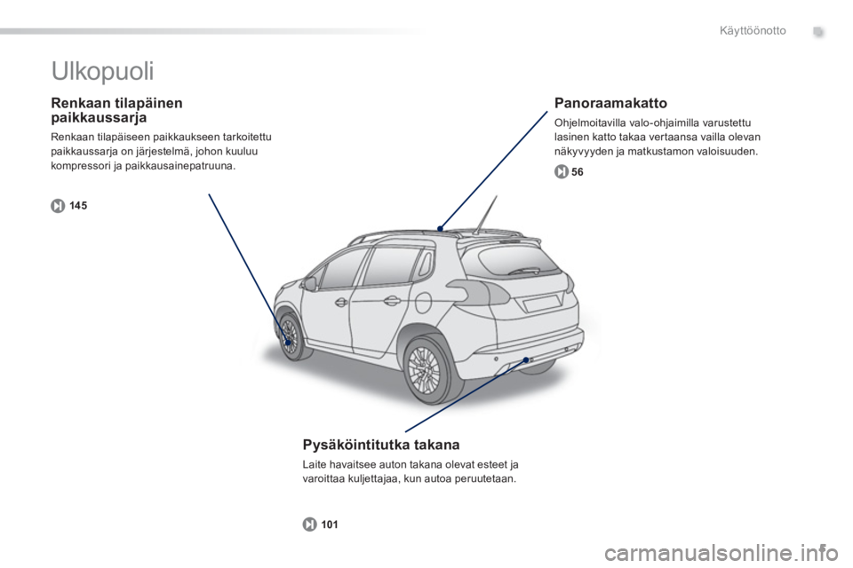 PEUGEOT 2008 2013  Omistajan Käsikirja (in Finnish) .
5
Käyttöönotto
   
Renkaan tilapäinenpaikkaussarja 
 Renkaan tilapäiseen paikkaukseen tarkoitettu paikkaussarja on järjestelmä, johon kuuluu kompressori ja paikkausainepatruuna. 
14 5
   
Pan