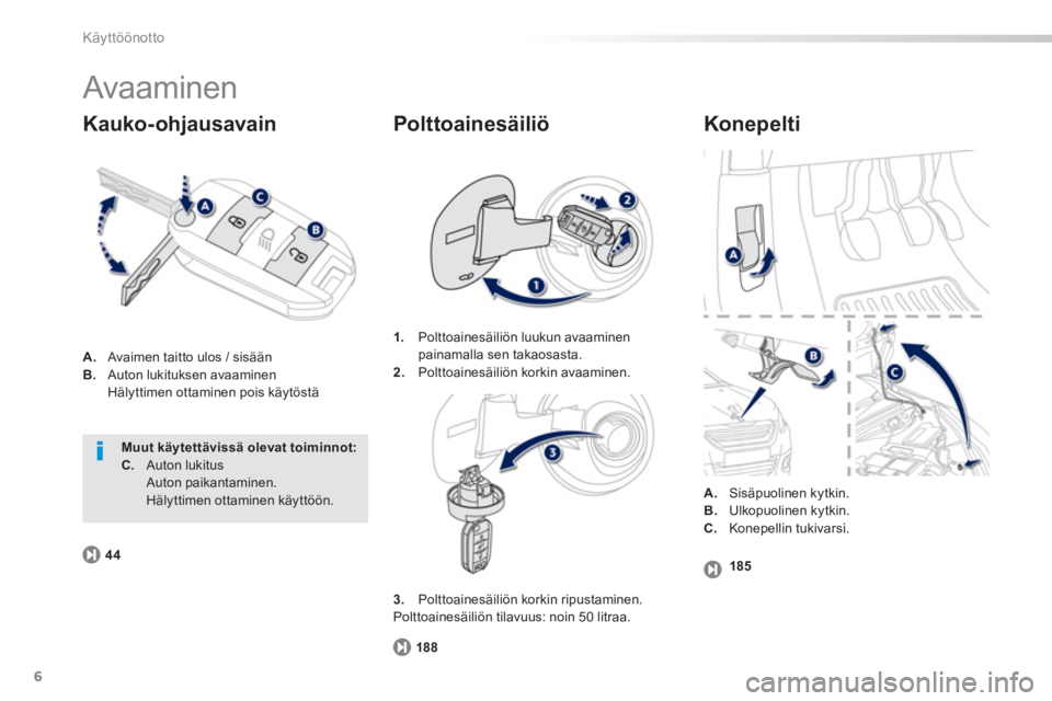 PEUGEOT 2008 2013  Omistajan Käsikirja (in Finnish) 6
Käyttöönotto
  Avaaminen 
A. 
  Avaimen taitto ulos / sisään B.Auton lukituksen avaaminen
Hälyttimen ottaminen pois käytöstä 
Kauko-ohjausavain   
Konepelti
188
1.Polttoainesäiliön luukun
