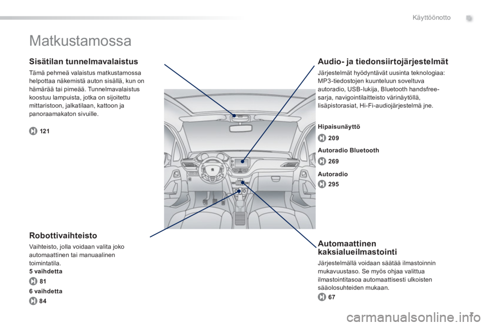PEUGEOT 2008 2013  Omistajan Käsikirja (in Finnish) .
7
Käyttöönotto
  Matkustamossa  
 
 Robottivaihteisto
 Vaihteisto, jolla voidaan valita jokoautomaattinen tai manuaalinen 
toimintatila. 
5 vaihdetta
   Sisätilan tunnelmavalaistus 
 
Tämä peh