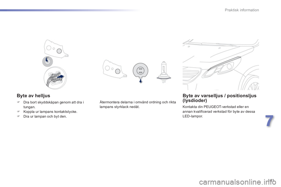 PEUGEOT 2008 2013  Bruksanvisningar (in Swedish) 161
7
Praktisk information
   Byte av helljus Byte av varselljus / positionsljus(lysdioder)
 
Kontakta din PEUGEOT-verkstad eller en
annan kvalificerad verkstad för byte av dessa 
LED-lampor.  
Åter