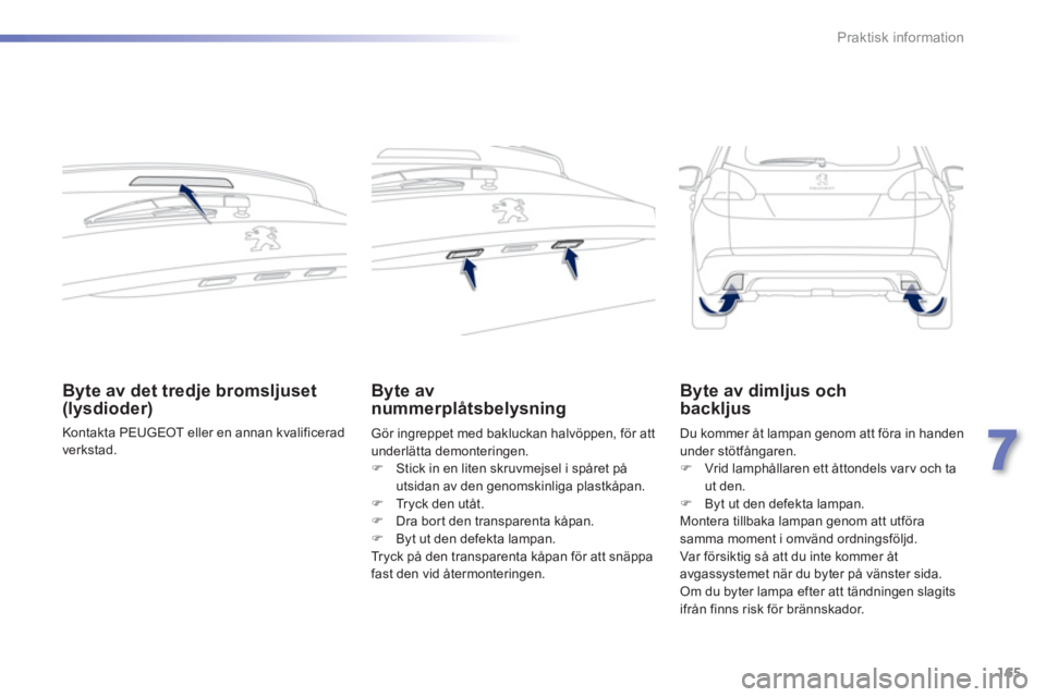 PEUGEOT 2008 2013  Bruksanvisningar (in Swedish) 165
7
Praktisk information
Byte av det tredje bromsljuset(lysdioder) 
  Kontakta PEUGEOT eller en annan kvalificerad
verkstad.  
 
Byte av 
nummerplåtsbelysning   
Gör ingreppet med bakluckan halvö