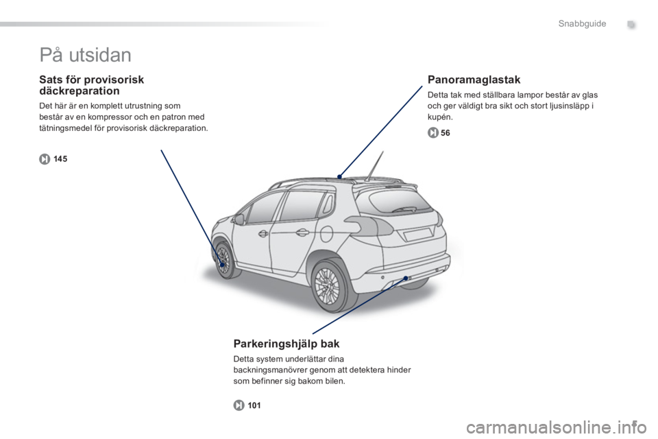 PEUGEOT 2008 2013  Bruksanvisningar (in Swedish) .
5
Snabbguide
   
Sats för provisorisk däckreparation
 Det här är en komplett utrustning som
består av en kompressor och en patron med
tätnin
gsmedel för provisorisk däckreparation. 
14 5
   