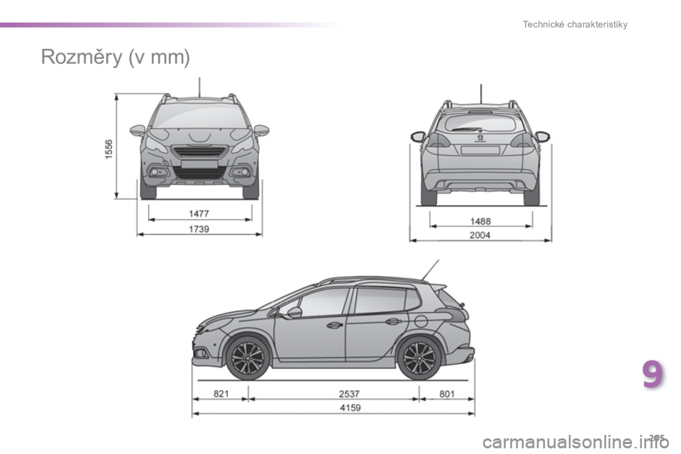 PEUGEOT 2008 2013 Návod na použití (in Czech) 9
205
Technické charakteristiky
Rozměry (v mm) PEUGEOT 2008 2013 Návod na použití (in Czech) 9
205
Technické charakteristiky
Rozměry (v mm)