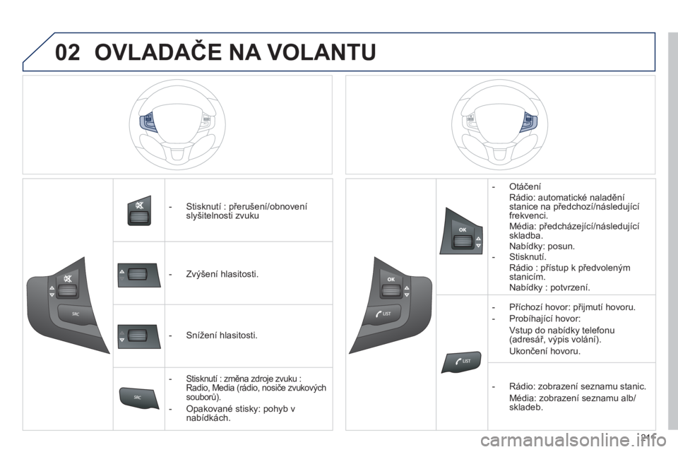 PEUGEOT 2008 2013  Návod na použití (in Czech) 02

211
   
 
 
 
-  Stisknutí : přerušení/obnovení
slyšitelnosti zvuku  
   
 
-  Zv
ýšení hlasitosti. 
   
 
-  
Snížení hlasitosti.
 
 
 
-   Stisknutí : změna zdroje zvuku : Radio