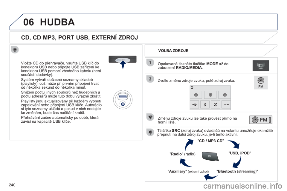 PEUGEOT 2008 2013  Návod na použití (in Czech) 06
240
   
 
 
 
 
 
 
 
 
 
 
 
 
 
CD, CD MP3, PORT USB, EXTERNÍ ZDROJ 
 
 
Vložte CD do přehrávače, vsuňte USB klíč do 
konektoru USB nebo připojte USB zařízení ke 
konektoru USB pomoc�