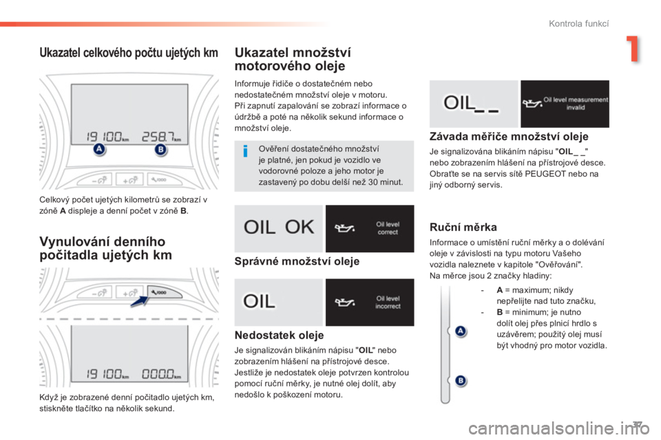 PEUGEOT 2008 2013  Návod na použití (in Czech) 1
37
Kontrola funkcí
Ukazatel množství
motorového oleje
Nedostatek oleje 
Je signalizován blikáním nápisu " OIL" neboLLzobrazením hlášení na přístrojové desce. 
Jestliže je nedostatek 