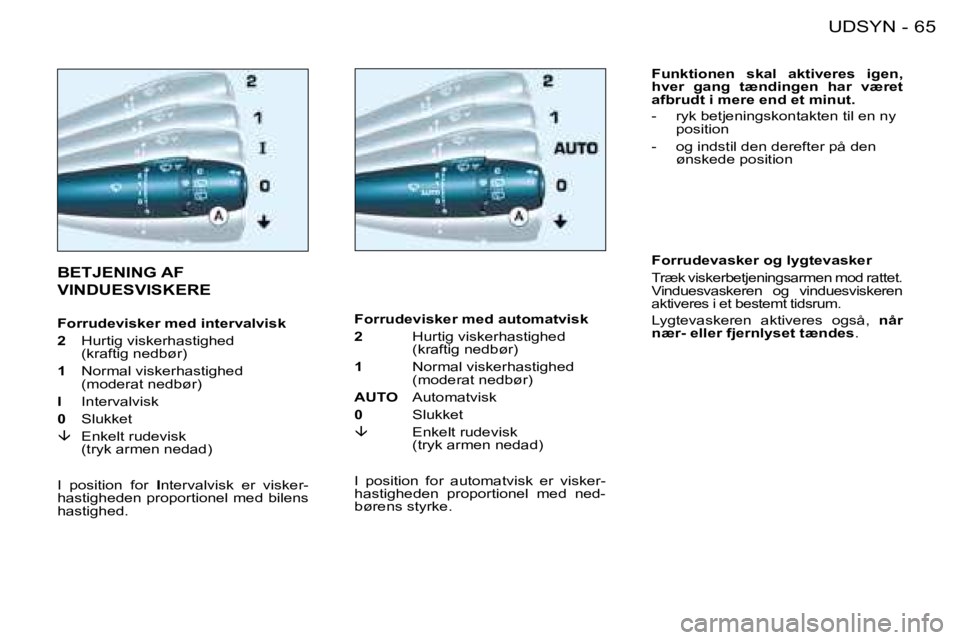 PEUGEOT 206 2008  Brugsanvisning (in Danish) 65
UDSYN
-
BETJENING AF  
VINDUESVISKERE
Forrudevisker med automatvisk 
2    Hurtig viskerhastighed 
(kraftig nedbør)
1    Normal viskerhastighed 
(moderat nedbør)
AUTO   Automatvisk
0   Slukket
�â