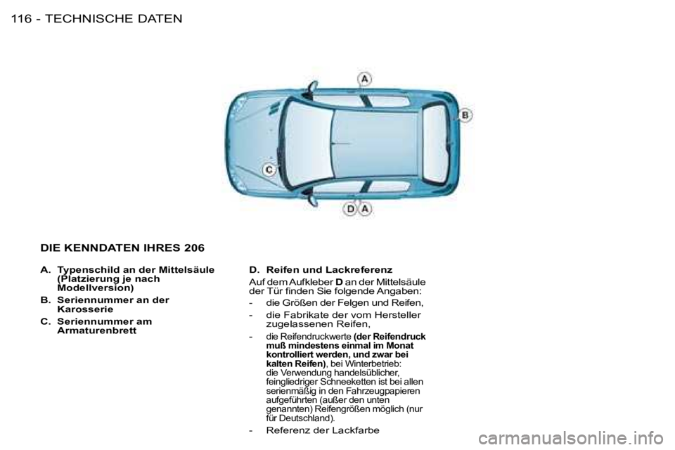 PEUGEOT 206 2008 Betriebsanleitungen (in German) TECHNISCHE DATEN
116 -
A. Typenschild an der Mittelsäule
(Platzierung je nach
Modellversion)
B. Seriennummer an der
Karosserie
C. Seriennummer am
Armaturenbrett D.
Reifen und Lackreferenz
Au PEUGEOT 206 2008 Betriebsanleitungen (in German) TECHNISCHE DATEN
116 -
A. Typenschild an der Mittelsäule
(Platzierung je nach
Modellversion)
B. Seriennummer an der
Karosserie
C. Seriennummer am
Armaturenbrett D.
Reifen und Lackreferenz
Au