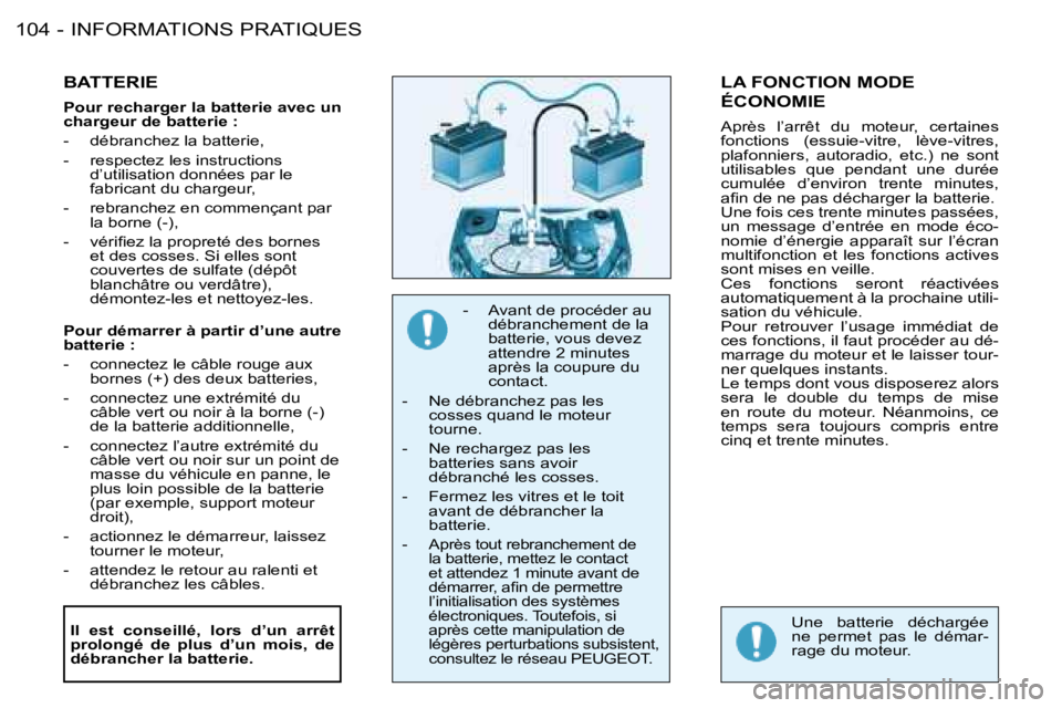 PEUGEOT 206 2008 Manuel du propriétaire (in French) INFORMATIONS PRATIQUES
104 -
BATTERIE
Pour recharger la batterie avec un
chargeur de batterie :
- débranchez la batterie,
- respectez les instructions
d’utilisation données par le
fabrican PEUGEOT 206 2008 Manuel du propriétaire (in French) INFORMATIONS PRATIQUES
104 -
BATTERIE
Pour recharger la batterie avec un
chargeur de batterie :
- débranchez la batterie,
- respectez les instructions
d’utilisation données par le
fabrican