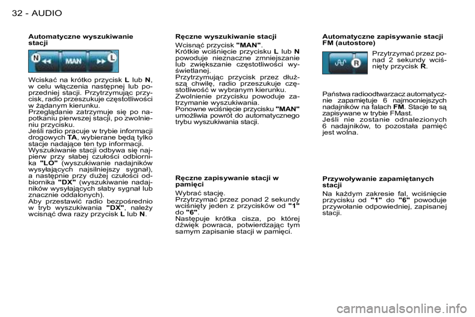 PEUGEOT 206 2008  Instrukcja obsługi (in Polish) �A�U�D�I�O
32 -
�R
�c�z�n�e� �w�y�s�z�u�k�i�w�a�n�i�e� �s�t�a�c�j�i 
�W�c�i�s�n"�ć� �p�r�z�y�c�i�s�k � �"�M�A�N�".
�K�r�ó�t�k�i�e�  �w�c�i;�n�i
�c�i�e�  �p�r�z�y�c�i�s�k�u�  L�  �l�u