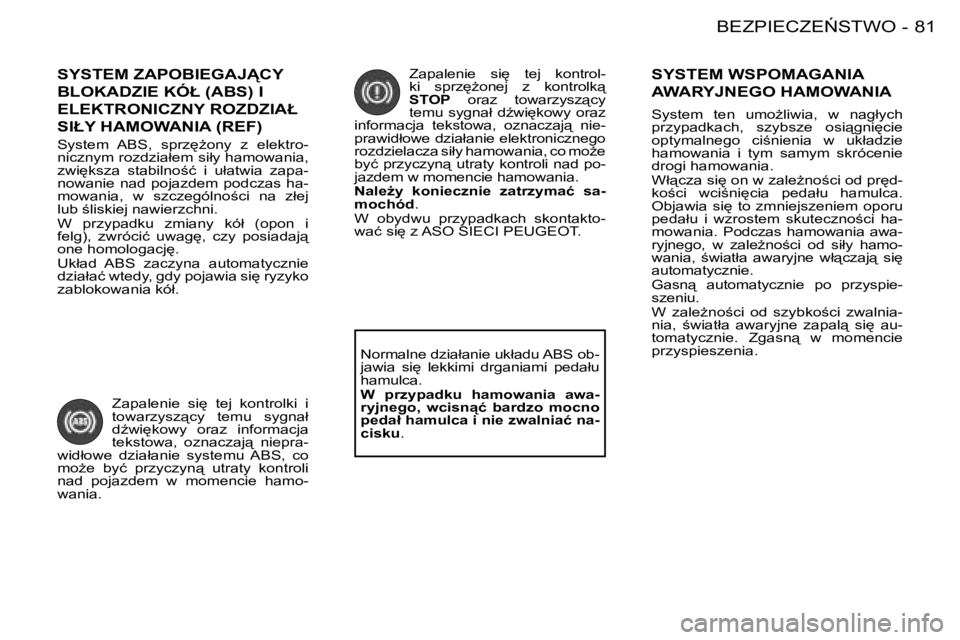 PEUGEOT 206 2008  Instrukcja obsługi (in Polish) 81
�B�E�Z�P�I�E�C�Z�E0�S�T�W�O
-
�S�Y�S�T�E�M� �Z�A�P�O�B�I�E�G�A�J�C�Y�  
�B�L�O�K�A�D�Z�I�E� �K�Ó�Ł� �(�A�B�S�)� �I� 
�E�L�E�K�T�R�O�N�I�C�Z�N�Y� �R�O�Z�D�Z�I�A�Ł� 
�S�I�Ł�Y� �H�A�M�O�W�A�N�I