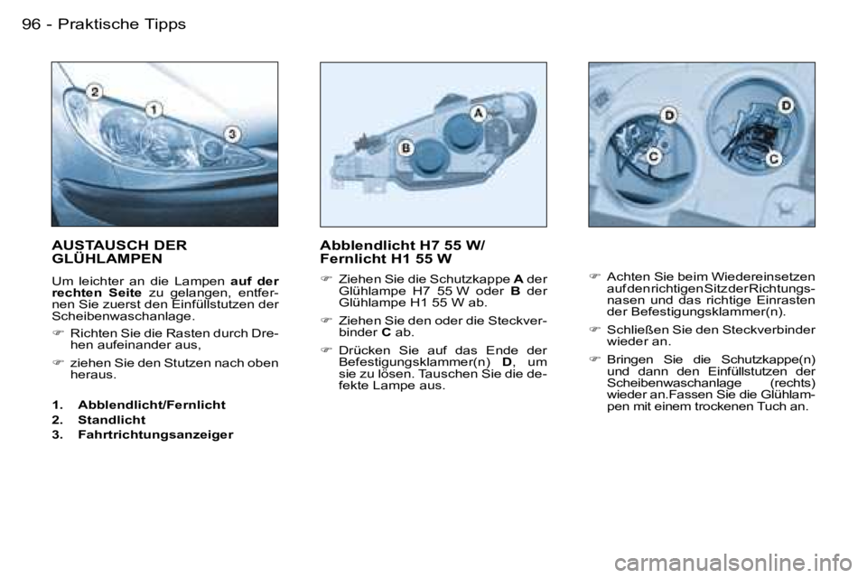 PEUGEOT 206 2007.5  Betriebsanleitungen (in German) �P�r�a�k�t�i�s�c�h�e� �T�i�p�p�s�9�6 �-
�A�b�b�l�e�n�d�l�i�c�h�t� �H�7� �5�5� �W�/ 
�F�e�r�n�l�i�c�h�t� �H�1� �5�5� �W
��  �Z�i�e�h�e�n� �S�i�e� �d�i�e� �S�c�h�u�t�z�k�a�p�p�e�  �A� �d�e�r� 
�G�l�