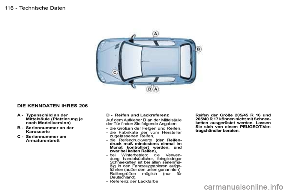 PEUGEOT 206 2007.5  Betriebsanleitungen (in German) �T�e�c�h�n�i�s�c�h�e� �D�a�t�e�n�1�1�6 �-
�A� �-�  �T�y�p�e�n�s�c�h�i�l�d� �a�n� �d�e�r� �M�i�t�t�e�l�s�ä�u�l�e� �(�P�l�a�t�z�i�e�r�u�n�g� �j�e�  
�n�a�c�h� �M�o�d�e�l�l�v�e�r�s�i�o�n�)
�B� �-�  �S�e