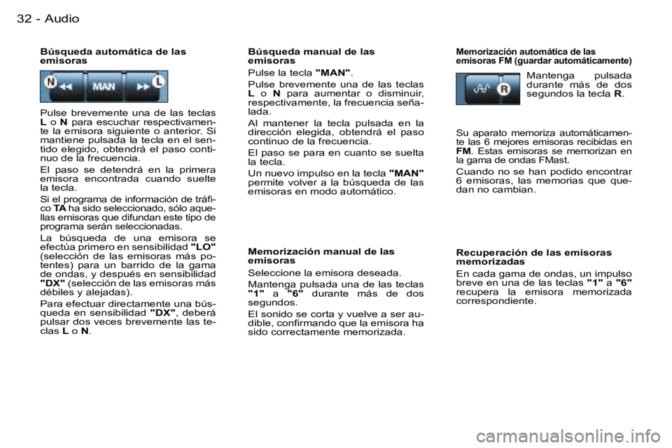 PEUGEOT 206 2007.5  Manual del propietario (in Spanish) �A�u�d�i�o�3�2 �-
�B�ú�s�q�u�e�d�a� �m�a�n�u�a�l� �d�e� �l�a�s�  
�e�m�i�s�o�r�a�s 
�P�u�l�s�e� �l�a� �t�e�c�l�a� �"�M�A�N�"�.
�P�u�l�s�e�  �b�r�e�v�e�m�e�n�t�e�  �u�n�a�  �d�e�  �l�a�s�  �t�