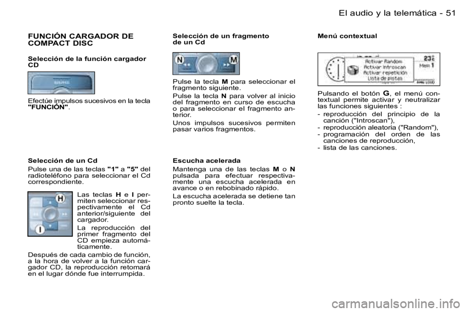 PEUGEOT 206 2006.5  Manual del propietario (in Spanish) �5�1
�-�E�l� �a�u�d�i�o� �y� �l�a� �t�e�l�e�m�á�t�i�c�a
�F�U�N�C�I�Ó�N� �C�A�R�G�A�D�O�R� �D�E�  
�C�O�M�P�A�C�T� �D�I�S�C
�S�e�l�e�c�c�i�ó�n� �d�e� �l�a� �f�u�n�c�i�ó�n� �c�a�r�g�a�d�o�r� �C�D
�E
