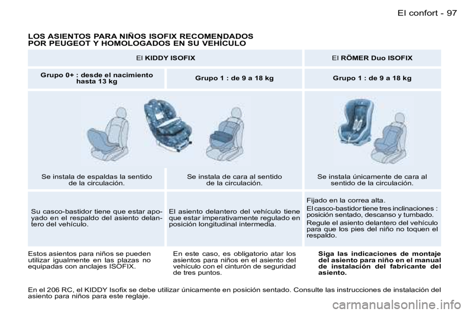PEUGEOT 206 2006.5  Manual del propietario (in Spanish) �9�7�E�l� �c�o�n�f�o�r�t�-
�L�O�S� �A�S�I�E�N�T�O�S� �P�A�R�A� �N�I�Ñ�O�S� �I�S�O�F�I�X� �R�E�C�O�M�E�N�D�A�D�O�S 
�P�O�R� �P�E�U�G�E�O�T� �Y� �H�O�M�O�L�O�G�A�D�O�S� �E�N� �S�U� �V�E�H�Í�C�U�L�O
�E