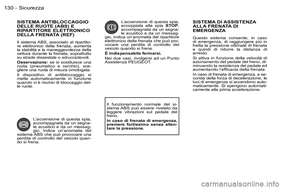 PEUGEOT 206 2006.5  Manuale duso (in Italian) �S�i�c�u�r�e�z�z�a�1�3�0 �-
�S�I�S�T�E�M�A� �A�N�T�I�B�L�O�C�C�A�G�G�I�O�  
�D�E�L�L�E� �R�U�O�T�E� �(�A�B�S�)� �E� 
�R�I�P�A�R�T�I�T�O�R�E� �E�L�E�T�T�R�O�N�I�C�O� 
�D�E�L�L�A� �F�R�E�N�A�T�A� �(�R�E