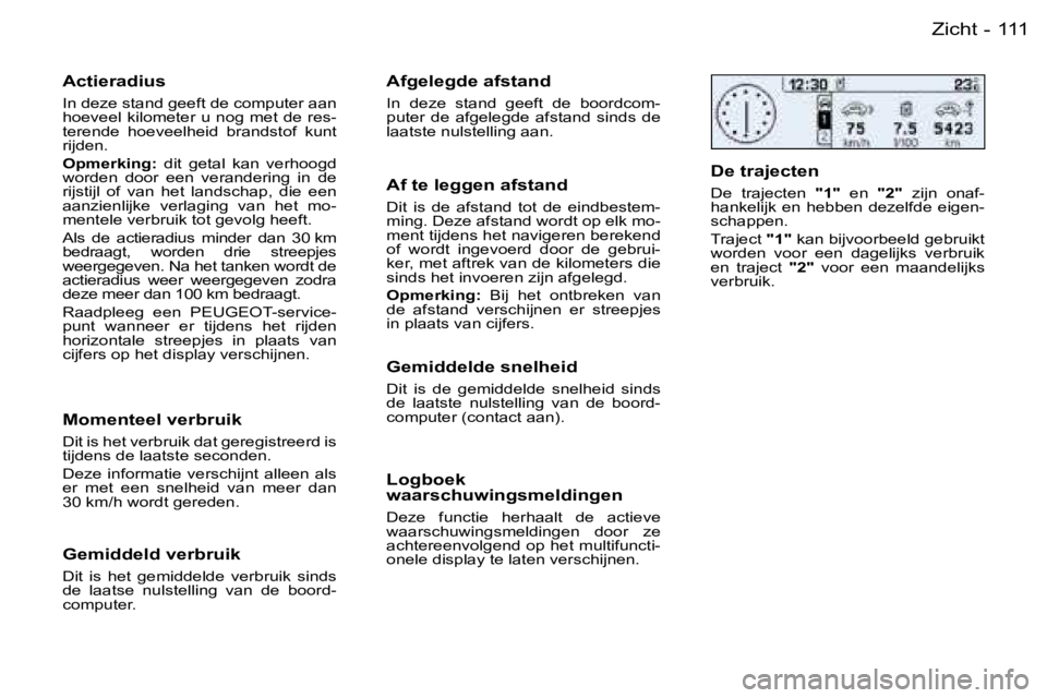 PEUGEOT 206 2006.5  Instructieboekje (in Dutch) �1�1�1�Z�i�c�h�t�-
�A�c�t�i�e�r�a�d�i�u�s
�I�n� �d�e�z�e� �s�t�a�n�d� �g�e�e�f�t� �d�e� �c�o�m�p�u�t�e�r� �a�a�n� �h�o�e�v�e�e�l� �k�i�l�o�m�e�t�e�r� �u� �n�o�g� �m�e�t� �d�e� �r�e�s�-�t�e�r�e�n�d�e� 