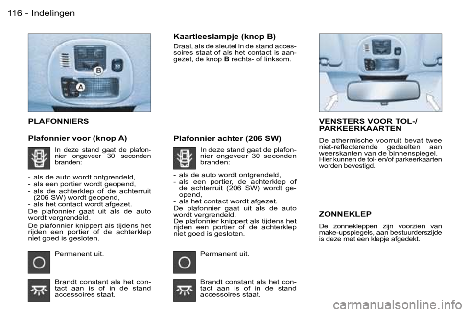 PEUGEOT 206 2006.5  Instructieboekje (in Dutch) �I�n�d�e�l�i�n�g�e�n�1�1�6 �-
�P�L�A�F�O�N�N�I�E�R�S
�P�l�a�f�o�n�n�i�e�r� �v�o�o�r� �(�k�n�o�p� �A�)
�K�a�a�r�t�l�e�e�s�l�a�m�p�j�e� �(�k�n�o�p� �B�)
�D�r�a�a�i�,� �a�l�s� �d�e� �s�l�e�u�t�e�l� �i�n�