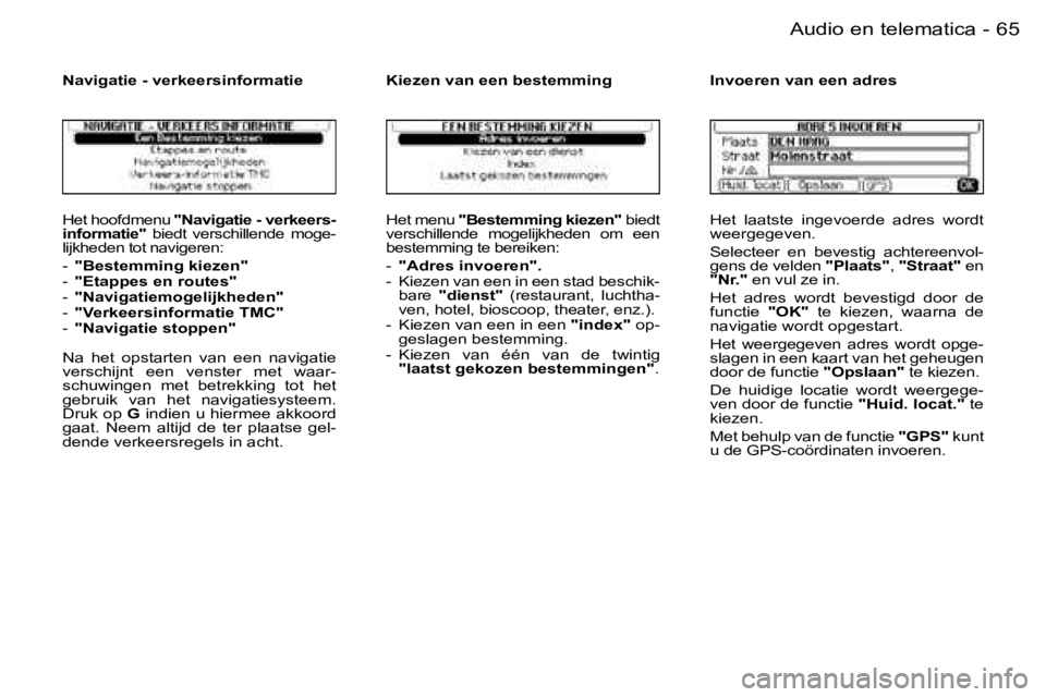 PEUGEOT 206 2006.5  Instructieboekje (in Dutch) �6�5
�-�A�u�d�i�o� �e�n� �t�e�l�e�m�a�t�i�c�a
�H�e�t� �h�o�o�f�d�m�e�n�u� �"�N�a�v�i�g�a�t�i�e� �-� �v�e�r�k�e�e�r�s�-�i�n�f�o�r�m�a�t�i�e�"�  �b�i�e�d�t�  �v�e�r�s�c�h�i�l�l�e�n�d�e�  �m�o�g�