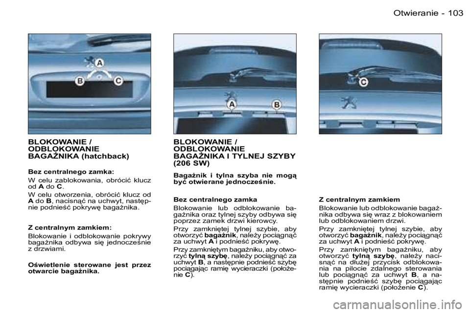 PEUGEOT 206 2006.5  Instrukcja obsługi (in Polish) �1�0�3�O�t�w�i�e�r�a�n�i�e�-
�B�L�O�K�O�W�A�N�I�E� �/�  
�O�D�B�L�O�K�O�W�A�N�I�E� 
�B�A�G�AF�N�I�K�A� �(�h�a�t�c�h�b�a�c�k�)
�B�e�z� �c�e�n�t�r�a�l�n�e�g�o� �z�a�m�k�a�:
�W�  �c�e�l�u�  �z�a�b�l�o�k