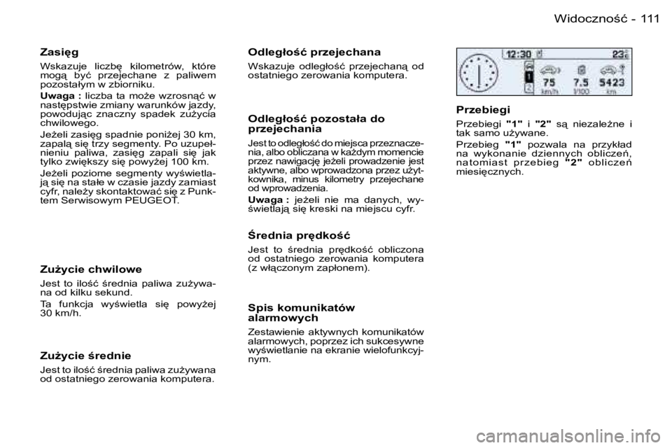 PEUGEOT 206 2006.5  Instrukcja obsługi (in Polish) �1�1�1�W�i�d�o�c�z�n�o;�ć�-
�Z�a�s�i
�g
�W�s�k�a�z�u�j�e�  �l�i�c�z�b
�  �k�i�l�o�m�e�t�r�ó�w�,�  �k�t�ó�r�e� �m�o�g"�  �b�y�ć�  �p�r�z�e�j�e�c�h�a�n�e�  �z�  �p�a�l�i�w�e�m� �p�o�z�o�s�t�