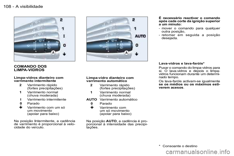 PEUGEOT 206 2006.5  Manual de utilização (in Portuguese) �A� �v�i�s�i�b�i�l�i�d�a�d�e�1�0�8 �-
�C�O�M�A�N�D�O� �D�O�S 
�L�I�M�P�A�-�V�I�D�R�O�S
�L�i�m�p�a�-�v�i�d�r�o�s� �d�i�a�n�t�e�i�r�o� �c�o�m� �v�a�r�r�i�m�e�n�t�o� �i�n�t�e�r�m�i�t�e�n�t�e
�  �2�  �V�a