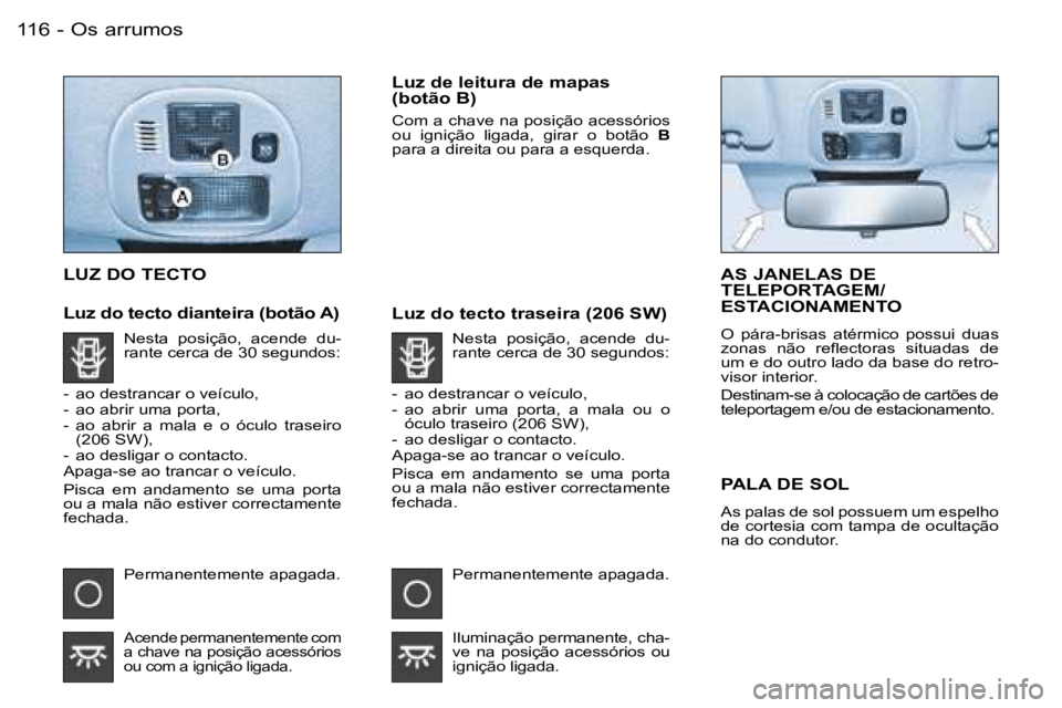 PEUGEOT 206 2006.5  Manual de utilização (in Portuguese) �O�s� �a�r�r�u�m�o�s�1�1�6 �-
�L�U�Z� �D�O� �T�E�C�T�O
�L�u�z� �d�o� �t�e�c�t�o� �d�i�a�n�t�e�i�r�a� �(�b�o�t�ã�o� �A�)
�L�u�z� �d�e� �l�e�i�t�u�r�a� �d�e� �m�a�p�a�s� �(�b�o�t�ã�o� �B�)
�C�o�m� �a�