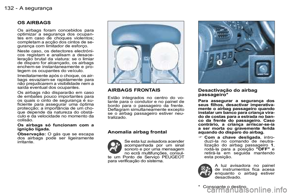 PEUGEOT 206 2006.5  Manual de utilização (in Portuguese) �A� �s�e�g�u�r�a�n�ç�a�1�3�2 �-
�O�S� �A�I�R�B�A�G�S
�O�s�  �a�i�r�b�a�g�s�  �f�o�r�a�m�  �c�o�n�c�e�b�i�d�o�s�  �p�a�r�a� �o�p�t�i�m�i�z�a�r�  �a�  �s�e�g�u�r�a�n�ç�a�  �d�o�s�  �o�c�u�p�a�n�-�t�e�