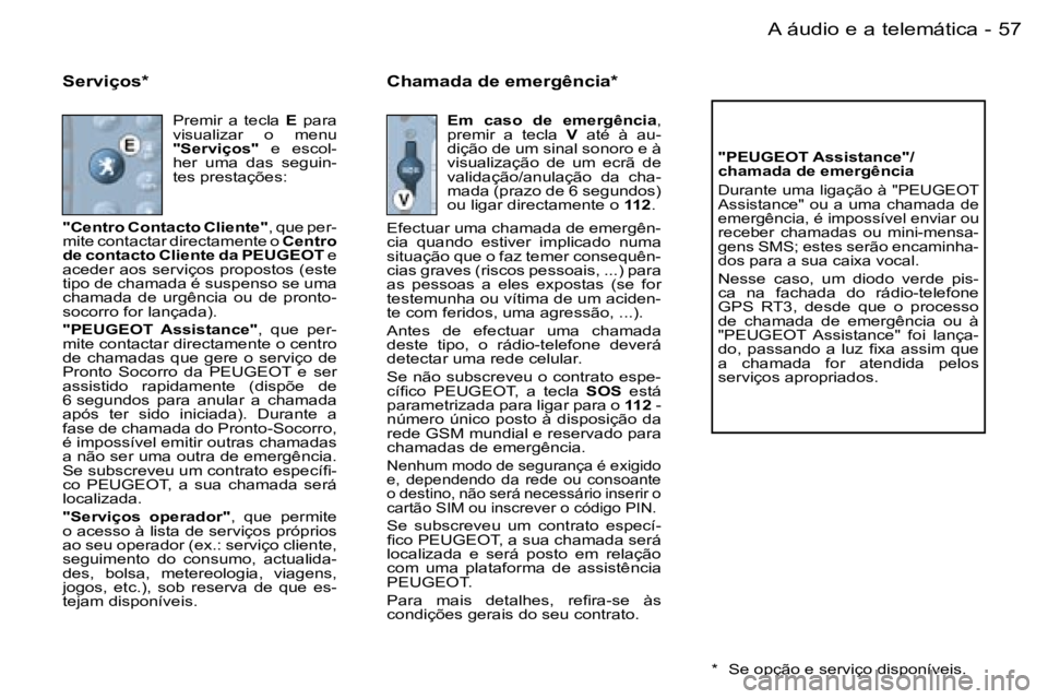 PEUGEOT 206 2006.5  Manual de utilização (in Portuguese) �5�7
�-�A� �á�u�d�i�o� �e� �a� �t�e�l�e�m�á�t�i�c�a
�S�e�r�v�i�ç�o�s�*
�P�r�e�m�i�r�  �a�  �t�e�c�l�a� �E�  �p�a�r�a� �v�i�s�u�a�l�i�z�a�r�  �o�  �m�e�n�u�"�S�e�r�v�i�ç�o�s�"�  �e�  �e�s�c