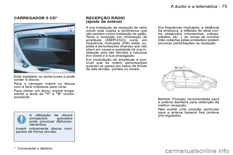 PEUGEOT 206 2006.5  Manual de utilização (in Portuguese) �7�5
�-�A� �á�u�d�i�o� �e� �a� �t�e�l�e�m�á�t�i�c�a
�C�A�R�R�E�G�A�D�O�R� �5� �C�D�*
�E�s�t�á� �i�n�s�t�a�l�a�d�o� �n�o� �p�o�r�t�a�-�l�u�v�a�s� �e� �p�o�d�e� �c�o�n�t�e�r� �5� �d�i�s�c�o�s�.
�P�a�