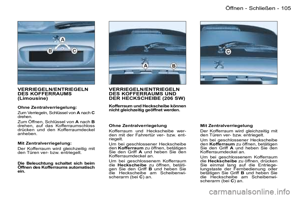 PEUGEOT 206 2006  Betriebsanleitungen (in German) �1�0�5
�-
�V�E�R�R�I�E�G�E�L�N�/�E�N�T�R�I�E�G�E�L�N�  
�D�E�S� �K�O�F�F�E�R�R�A�U�M�S� 
�(�L�i�m�o�u�s�i�n�e�)� 
�O�h�n�e� �Z�e�n�t�r�a�l�v�e�r�r�i�e�g�e�l�u�n�g�:� 
�Z�u�m� �V�e�r�r�i�e�g�e�l�n�,� �