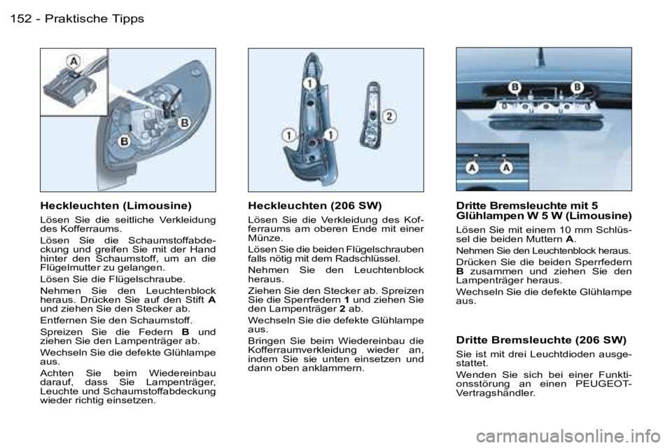 PEUGEOT 206 2006  Betriebsanleitungen (in German) �P�r�a�k�t�i�s�c�h�e� �T�i�p�p�s�1�5�2 �-
�H�e�c�k�l�e�u�c�h�t�e�n� �(�2�0�6� �S�W�)� 
�L�ö�s�e�n�  �S�i�e�  �d�i�e�  �V�e�r�k�l�e�i�d�u�n�g�  �d�e�s�  �K�o�f�- 
�f�e�r�r�a�u�m�s�  �a�m�  �o�b�e�r�e�