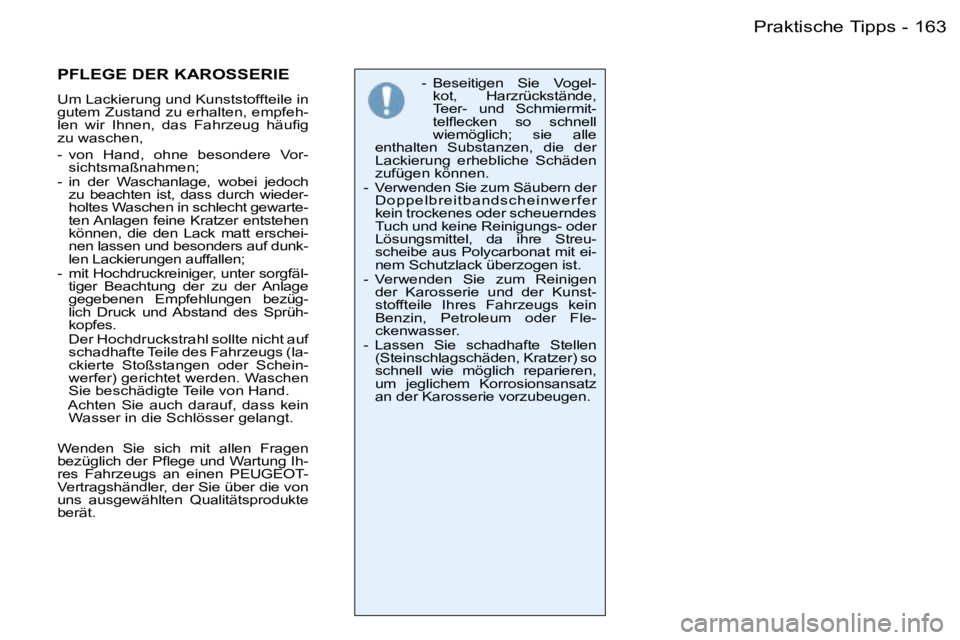 PEUGEOT 206 2006  Betriebsanleitungen (in German) �1�6�3�P�r�a�k�t�i�s�c�h�e� �T�i�p�p�s�-
�-�  �B�e�s�e�i�t�i�g�e�n�  �S�i�e�  �V�o�g�e�l�-�k�o�t�,�  �H�a�r�z�r�ü�c�k�s�t�ä�n�d�e�,�  
�T�e�e�r�-�  �u�n�d�  �S�c�h�m�i�e�r�m�i�t�-
�t�e�l�ﬂ�e�c�k�e