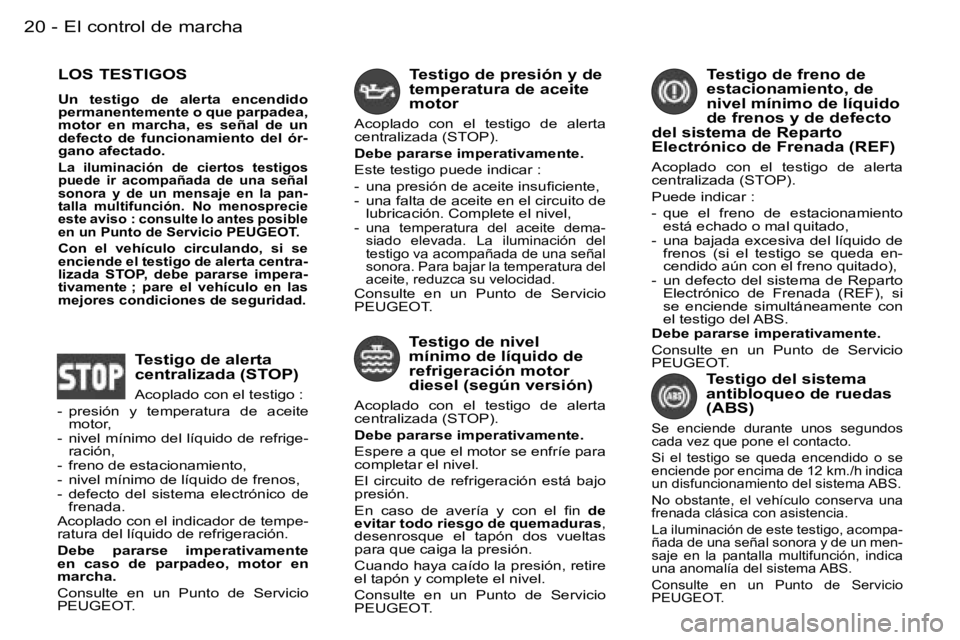 PEUGEOT 206 2006  Manual del propietario (in Spanish) �E�l� �c�o�n�t�r�o�l� �d�e� �m�a�r�c�h�a�2�0 �-
�L�O�S� �T�E�S�T�I�G�O�S� 
�U�n�  �t�e�s�t�i�g�o�  �d�e�  �a�l�e�r�t�a�  �e�n�c�e�n�d�i�d�o�  
�p�e�r�m�a�n�e�n�t�e�m�e�n�t�e� �o� �q�u�e� �p�a�r�p�a�d�