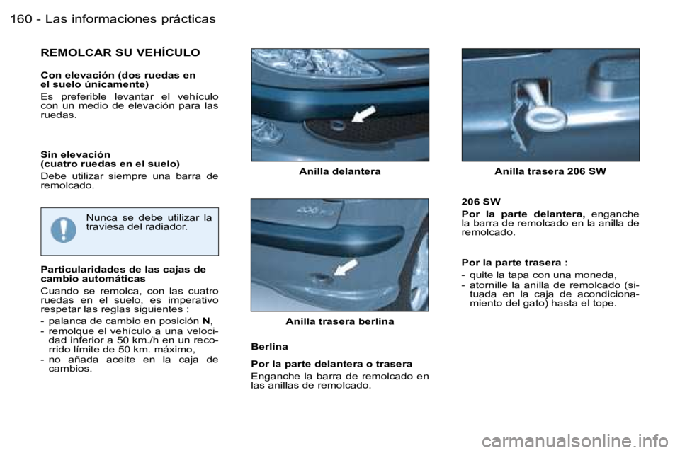 PEUGEOT 206 2006  Manual del propietario (in Spanish) �L�a�s� �i�n�f�o�r�m�a�c�i�o�n�e�s� �p�r�á�c�t�i�c�a�s�1�6�0 �-
�A�n�i�l�l�a� �d�e�l�a�n�t�e�r�a �A�n�i�l�l�a� �t�r�a�s�e�r�a� �2�0�6� �S�W
�R�E�M�O�L�C�A�R� �S�U� �V�E�H�Í�C�U�L�O
�C�o�n� �e�l�e�v�