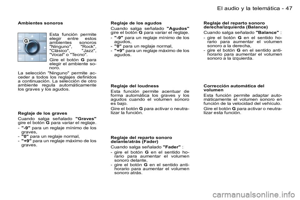 PEUGEOT 206 2006  Manual del propietario (in Spanish) �4�7
�-�E�l� �a�u�d�i�o� �y� �l�a� �t�e�l�e�m�á�t�i�c�a
�A�m�b�i�e�n�t�e�s� �s�o�n�o�r�o�s
�E�s�t�a�  �f�u�n�c�i�ó�n�  �p�e�r�m�i�t�e�  
�e�l�e�g�i�r�  �e�n�t�r�e�  �e�s�t�o�s� � 
�a�m�b�i�e�n�t�e�s