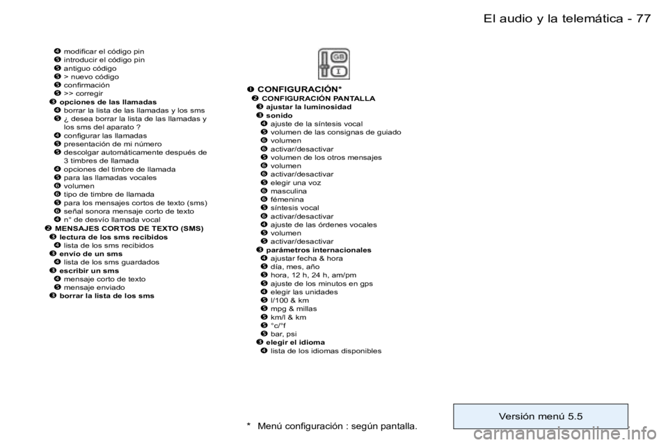 PEUGEOT 206 2006  Manual del propietario (in Spanish) �7�7
�-�E�l� �a�u�d�i�o� �y� �l�a� �t�e�l�e�m�á�t�i�c�a
�� �m�o�d�i�ﬁ�c�a�r �e�l �c�ó�d�i�g�o �p�i�n�� �i�n�t�r�o�d�u�c�i�r� �e�l� �c�ó�d�i�g�o� �p�i�n�� �a�n�t�i�g�u�o� �c�ó�d�i�g�o�