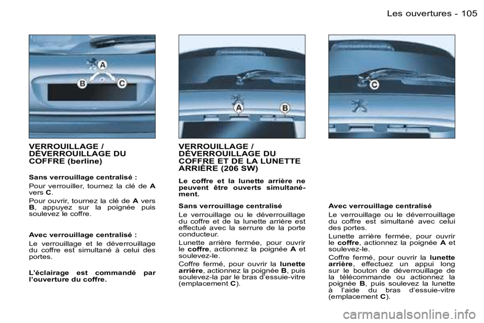 PEUGEOT 206 2006  Manuel du propriétaire (in French) �1�0�5�L�e�s� �o�u�v�e�r�t�u�r�e�s�-
�V�E�R�R�O�U�I�L�L�A�G�E� �/�  
�D�É�V�E�R�R�O�U�I�L�L�A�G�E� �D�U� 
�C�O�F�F�R�E� �(�b�e�r�l�i�n�e�)
�S�a�n�s� �v�e�r�r�o�u�i�l�l�a�g�e� �c�e�n�t�r�a�l�i�s�é� �