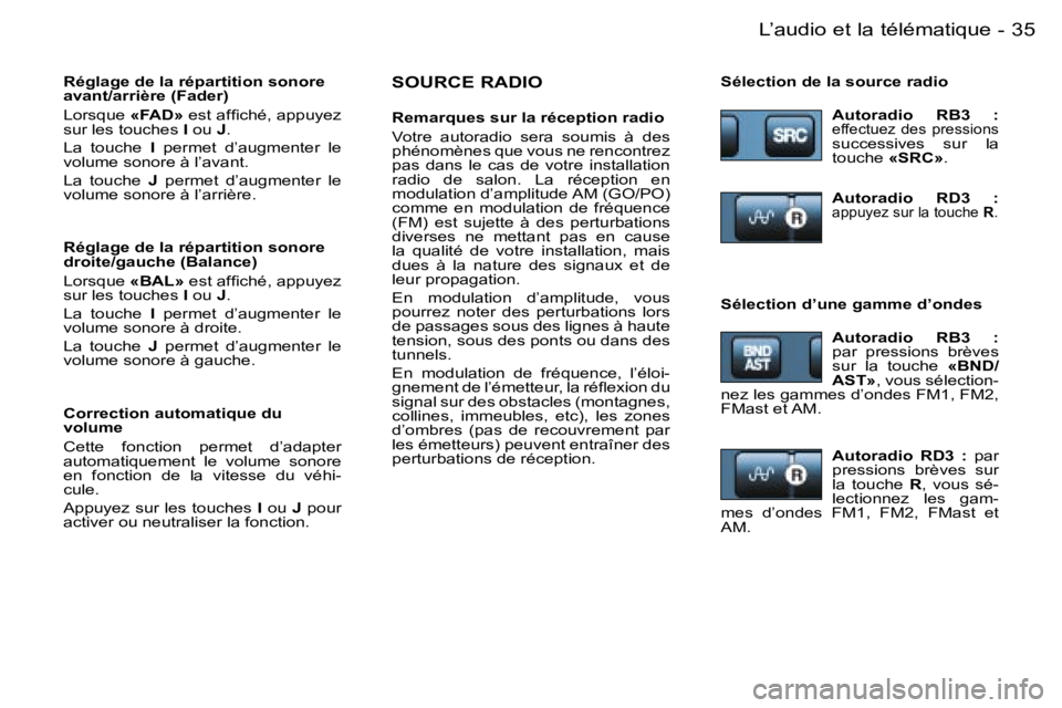 PEUGEOT 206 2006  Manuel du propriétaire (in French) �3�5�L�’�a�u�d�i�o� �e�t� �l�a� �t�é�l�é�m�a�t�i�q�u�e�-
�S�O�U�R�C�E� �R�A�D�I�O
�R�e�m�a�r�q�u�e�s� �s�u�r� �l�a� �r�é�c�e�p�t�i�o�n� �r�a�d�i�o 
�V�o�t�r�e�  �a�u�t�o�r�a�d�i�o�  �s�e�r�a�  �s