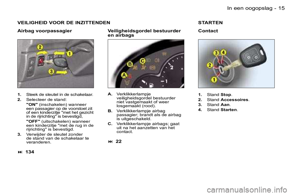 PEUGEOT 206 2006  Instructieboekje (in Dutch) �1�5�I�n� �e�e�n� �o�o�g�o�p�s�l�a�g�-
�V�E�I�L�I�G�H�E�I�D� �V�O�O�R� �D�E� �I�N�Z�I�T�T�E�N�D�E�N
�A�i�r�b�a�g� �v�o�o�r�p�a�s�s�a�g�i�e�r
�1�.�  �S�t�e�e�k� �d�e� �s�l�e�u�t�e�l� �i�n� �d�e� �s�c�h