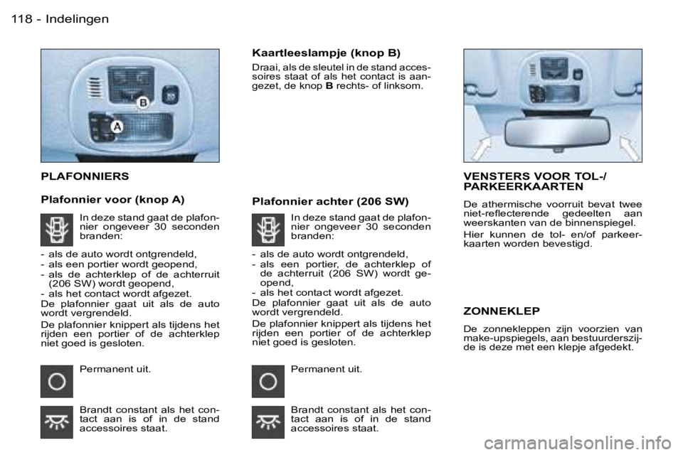 PEUGEOT 206 2006  Instructieboekje (in Dutch) �I�n�d�e�l�i�n�g�e�n�1�1�8 �-
�P�L�A�F�O�N�N�I�E�R�S
�P�l�a�f�o�n�n�i�e�r� �v�o�o�r� �(�k�n�o�p� �A�)�K�a�a�r�t�l�e�e�s�l�a�m�p�j�e� �(�k�n�o�p� �B�)
�D�r�a�a�i�,� �a�l�s� �d�e� �s�l�e�u�t�e�l� �i�n� 