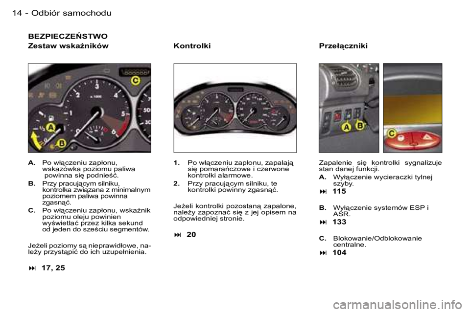 PEUGEOT 206 2006  Instrukcja obsługi (in Polish) �O�d�b�i�ó�r� �s�a�m�o�c�h�o�d�u�1�4 �-
�B�E�Z�P�I�E�C�Z�E0�S�T�W�O
�Z�e�s�t�a�w� �w�s�k�aE�n�i�k�ó�w
�A�.�  �P�o� �w�ł"�c�z�e�n�i�u� �z�a�p�ł�o�n�u�,� � 
�w�s�k�a�z�ó�w�k�a� �p�o�z�i�o�m�