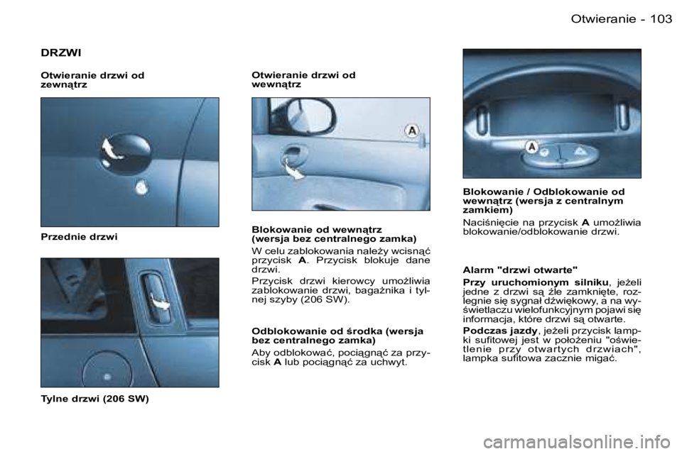 PEUGEOT 206 2006  Instrukcja obsługi (in Polish) �1�0�3�O�t�w�i�e�r�a�n�i�e�-
�D�R�Z�W�I
�O�t�w�i�e�r�a�n�i�e� �d�r�z�w�i� �o�d� �  
�z�e�w�n"�t�r�z 
�P�r�z�e�d�n�i�e� �d�r�z�w�i 
�T�y�l�n�e� �d�r�z�w�i� �(�2�0�6� �S�W�)�O�t�w�i�e�r�a�n�i�e� �d