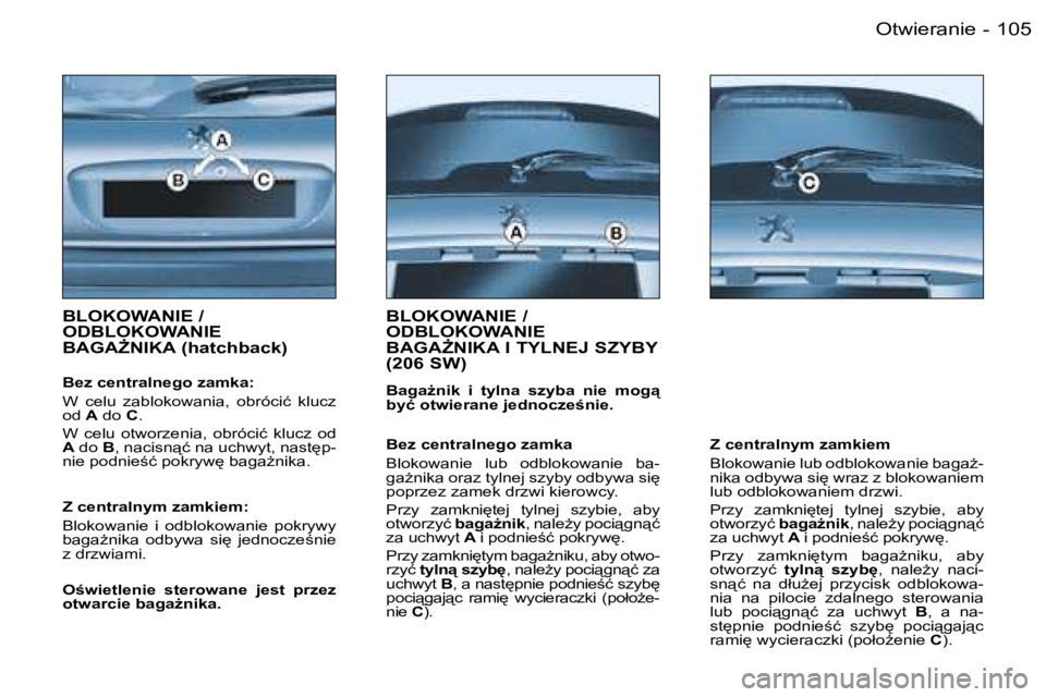 PEUGEOT 206 2006  Instrukcja obsługi (in Polish) �1�0�5�O�t�w�i�e�r�a�n�i�e�-
�B�L�O�K�O�W�A�N�I�E� �/�  
�O�D�B�L�O�K�O�W�A�N�I�E� 
�B�A�G�AF�N�I�K�A� �(�h�a�t�c�h�b�a�c�k�)
�B�e�z� �c�e�n�t�r�a�l�n�e�g�o� �z�a�m�k�a�: 
�W�  �c�e�l�u�  �z�a�b�l�o�