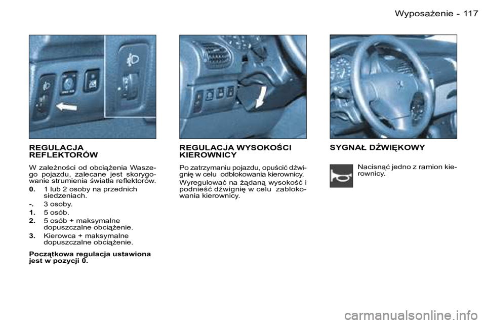 PEUGEOT 206 2006  Instrukcja obsługi (in Polish) �1�1�7�W�y�p�o�s�aG�e�n�i�e�-
�R�E�G�U�L�A�C�J�A� �  
�R�E�F�L�E�K�T�O�R�Ó�W
�W�  �z�a�l�eG�n�o;�c�i�  �o�d�  �o�b�c�i"G�e�n�i�a�  �W�a�s�z�e�- 
�g�o�  �p�o�j�a�z�d�u�,�  �z�a�l�e�c�a�n�e�  